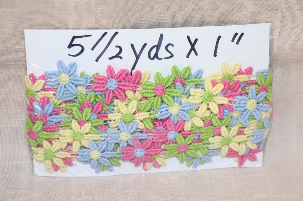 Vtg 5.5yds x 1″ Daisy Lace TRIM Multi Color Pink Yellow Blue Green 5.5Yds 1 Inch