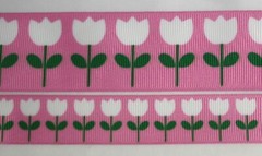Floral Flowers grosgrain ribbon 7/8″ 1.5″ Pink with White Tulips Printed green