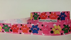 Grosgrain Ribbon, Multi Color Dog Paw Prints on Pink with Black Polka Dots, 7/8″