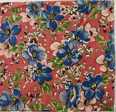 Bold Floral 1940s feedsack fabric piece pink, blue, maroon, green 8×9″