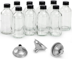 10 Pack, 4 Oz Small Clear Glass Bottles W/Lids & 3 Stainless Steel Funnel – 120M