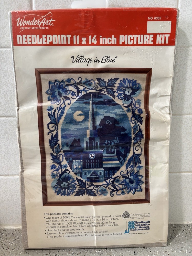 Vintage WonderArt Needlepoint Picture Kit 11″ x 14″~ No. 6352 “Village in Blue”