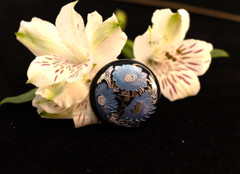 34.5 mm Vintage Cabochon Floral Blue/Black/Silver~Art Deco~Jewelry Making PKG 12