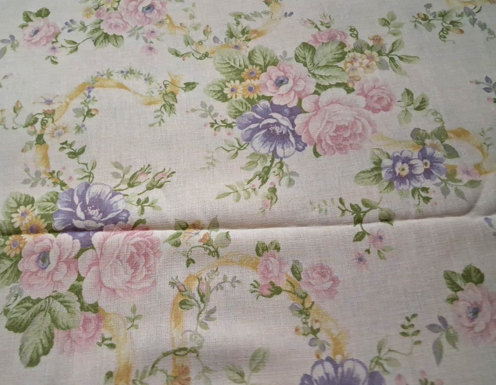 3 yds x 60″w Polyester Fabric. Pale Yellow Pink Purple Green Floral NO STRETCH