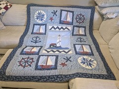Nautical Quilt Boat Patchwork Americana Coastal Throw 84″ x64” Hand Sewn Great