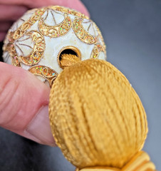 Vintage Tassel with Ceramic Cloisonne Egg Shaped Head Gold/Cream 14in