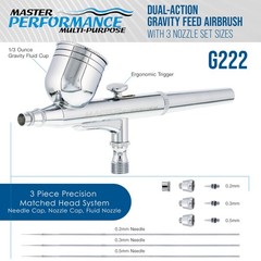 Master Airbrush G222 Pro Set Dual-Action Gravity Feed, 3 Tip Kit 0.2, 0.3, 0.5mm