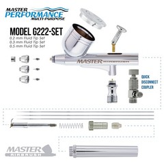 Master Airbrush G222 Pro Set Dual-Action Gravity Feed, 3 Tip Kit 0.2, 0.3, 0.5mm