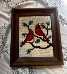 Framed Finished Cross Stitch Embroidery Cardinal Birds Wood Frame Wall Decor