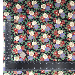 VTG Roses Poinsettia Holly On Black Allover Print Quilting Cotton Fabric 43″ L