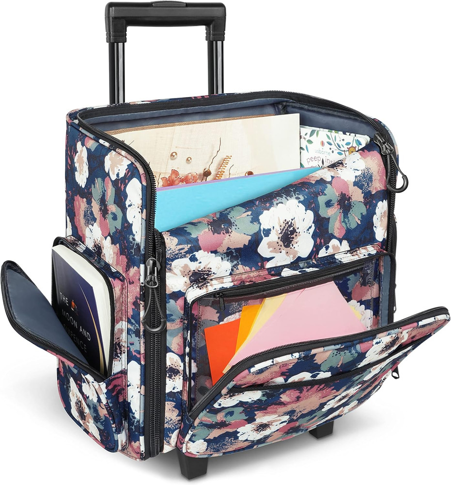 Rolling Craft Bag, Large Roller Scrapbook Tote with Wheels, Water Resistant Scra
