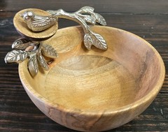 Wood Dip Bowl with Silver Bird In Nest Decor Trinket Dish Home Decor