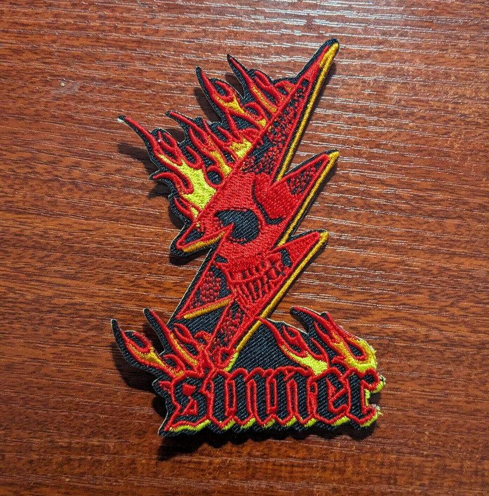 Sinner Flaming Skull Lightening Goth Biker Patch Embroidered Iron On 4×2.75″
