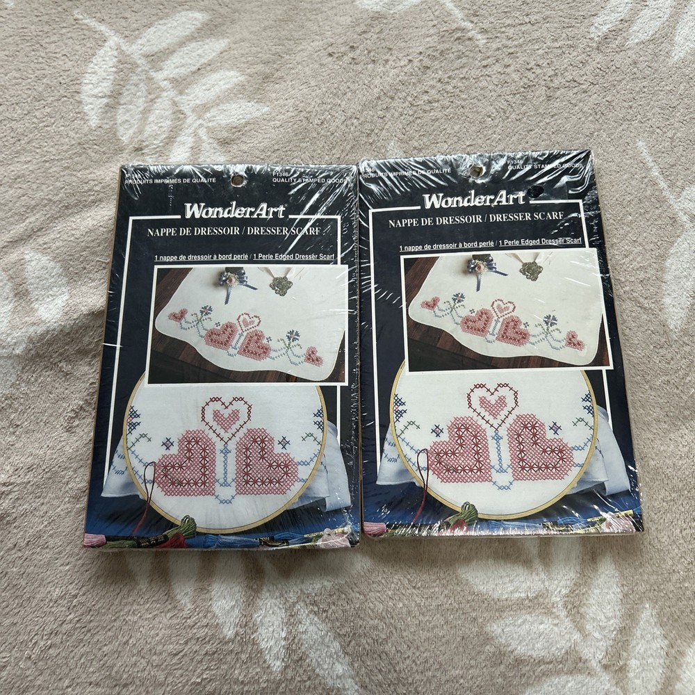2 WonderArt Cross My Heart 15″ x 42″ Cross Stitch Dresser Scarf Sealed Package