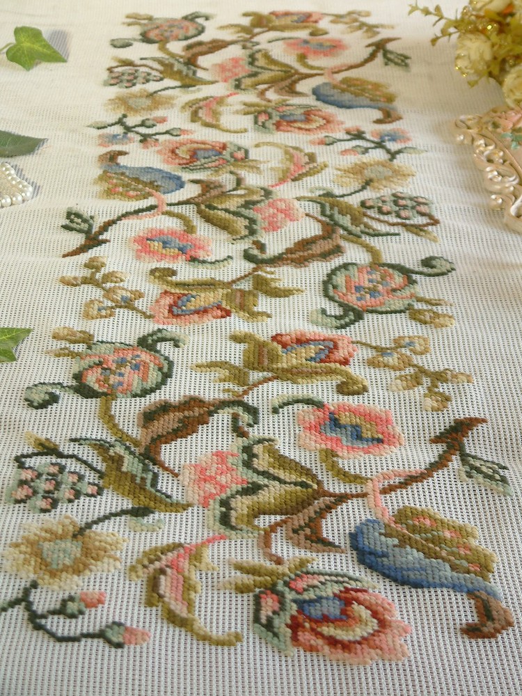 Huge Antique Vintage Full Blooming Jacobean Floral Preworked Needlepoint Canvas