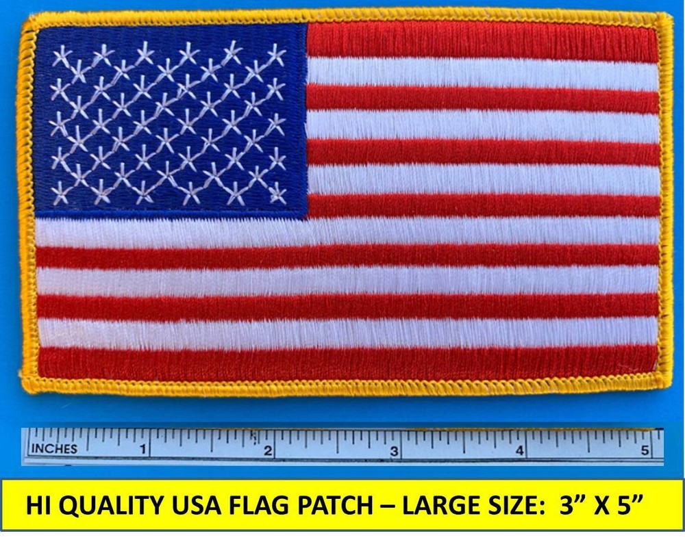 LARGE USA AMERICAN FLAG EMBROIDERED PATCH SEW-ON IRON-ON GOLD BORDER (3″X5″)