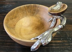 Wood Dip Bowl with Silver Bird In Nest Decor Trinket Dish Home Decor