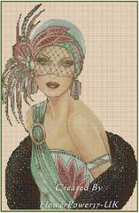 Art Deco Lady in Green and Pink Dress Counted Cross Stitch Chart # 1-33