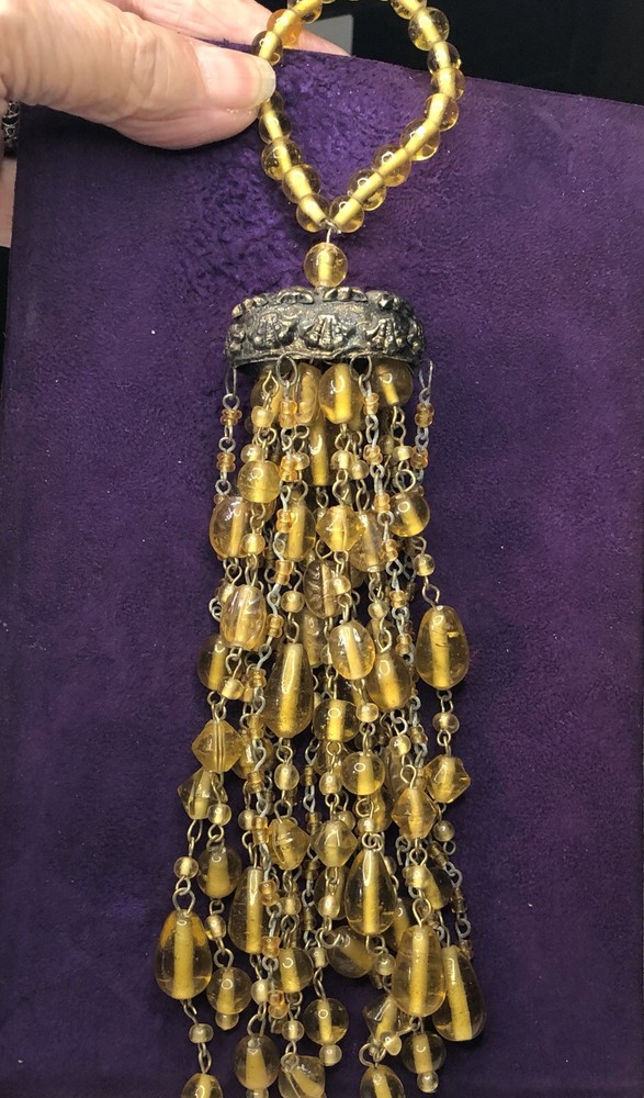 Beaded Tassel With Ornate Silver plate Tassel Cap.. 9” Long