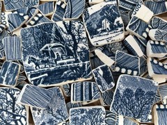 Broken China Hand Cut Plate TUMBLED Mosaic BLUE Currier & Ives