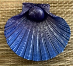 Handpainted Real Scallop SHELL, Ring Coins Trinket DISH, Purple & Blue, Glitter