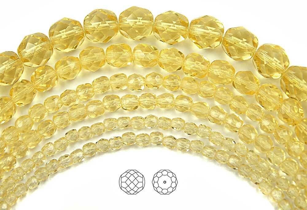 Czech Fire Polished Round Faceted Glass Beads Jonquil color, 16″ strand, yellow