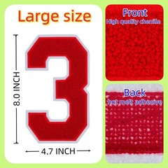 Red 8.0 Inch Chenille Number 3 Patch Iron On Varsity Style Applique