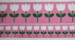 Floral Flowers grosgrain ribbon 7/8″ 1.5″ Pink with White Tulips Printed green
