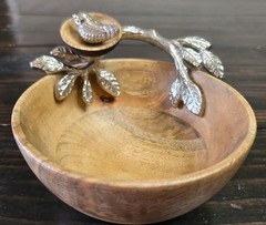 Wood Dip Bowl with Silver Bird In Nest Decor Trinket Dish Home Decor