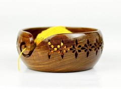 Wooden Yarn Bowl Rosewood Crafted Medium Carved Holes Crochet Knitting Access…