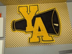 Vintage12 x 8 Chenille Cheerleader MEGAPHONE Brown On Yellow Applique Patch
