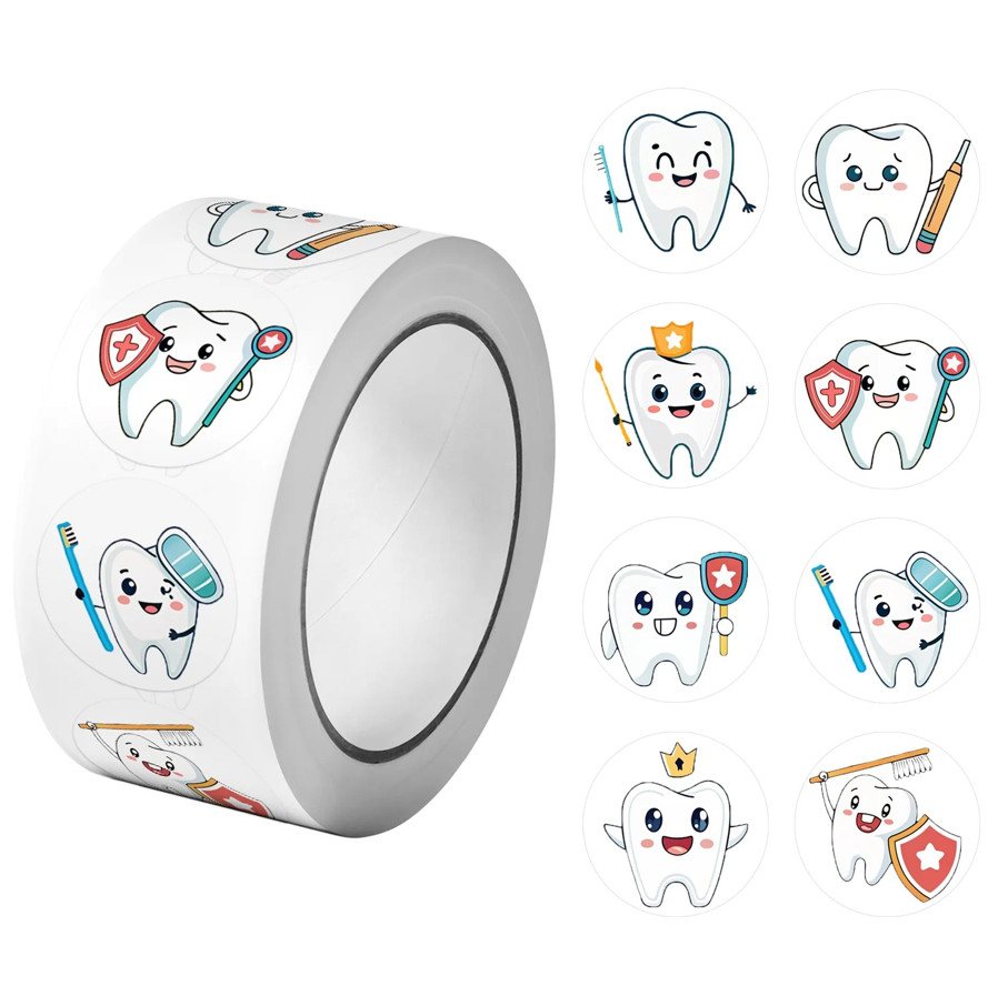 1Roll 500pcs Dental Care Stickers 2.5cm DIY Teeth Decals Labels Roll – NEW