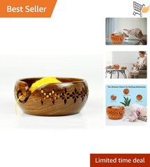 Wooden Yarn Bowl Rosewood Crafted Medium Carved Holes Crochet Knitting Access…