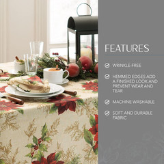 Home Fashions Festive Poinsettia Holiday Wrinkle Resistant Fabric Tablecloth, Mu