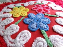 Red Heart Vtg Chenille Bedspread Fabric Piece Colorful Bold Sewing Material