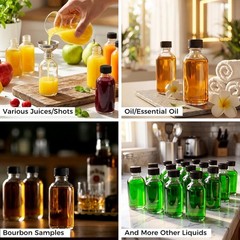 12 Pack, 2 oz Small Clear Glass Bottles w/Lid & 3 Funnels – 60ml Boston Shot …