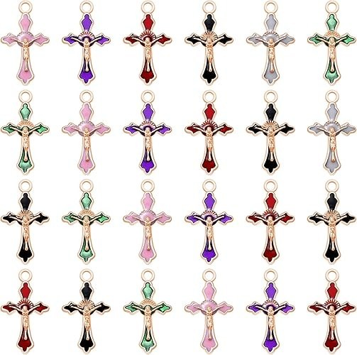 60Pcs 6Colors Alloy Enamel Small Rosary Cross Charms Jesus Crucifix Charms Pe