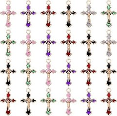 60Pcs 6Colors Alloy Enamel Small Rosary Cross Charms Jesus Crucifix Charms Pe