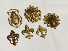 Lot of 6 Vintage Style Brass Jewelry Findings Scarab Lion Fleur De Lis Gothic