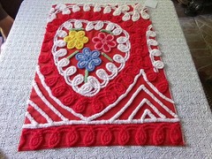 Red Heart Vtg Chenille Bedspread Fabric Piece Colorful Bold Sewing Material