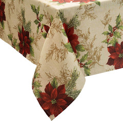 Home Fashions Festive Poinsettia Holiday Wrinkle Resistant Fabric Tablecloth, Mu