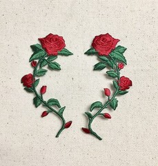 (Set 2) 3.5 inch – Red Rose Stem Flowers Iron on Embroidered Patch