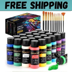 Acrylic Paint Set, 24 Colors (2 oz/Bottle) with 12 Art Brushes, Art Supplies for