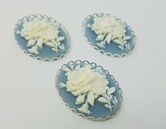 3 pcs 40mm VTG Blue Rose Flower Craft Jewelry Cameos Silver Filigree Settings