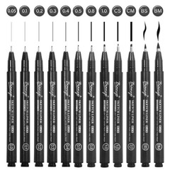 Black Art Pen Set – 12 Assorted Sizes Fine Line Drawing, Upgraded Pigment Ink…