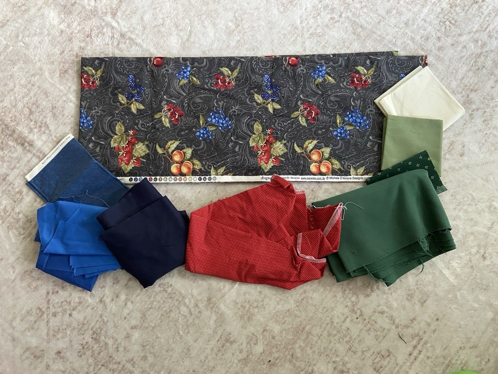 BonEful Fabric Cotton Quilt Gray Paisley Red Cherry Strawberry Blue Country