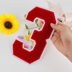 Red 8.0 Inch Chenille Number 3 Patch Iron On Varsity Style Applique