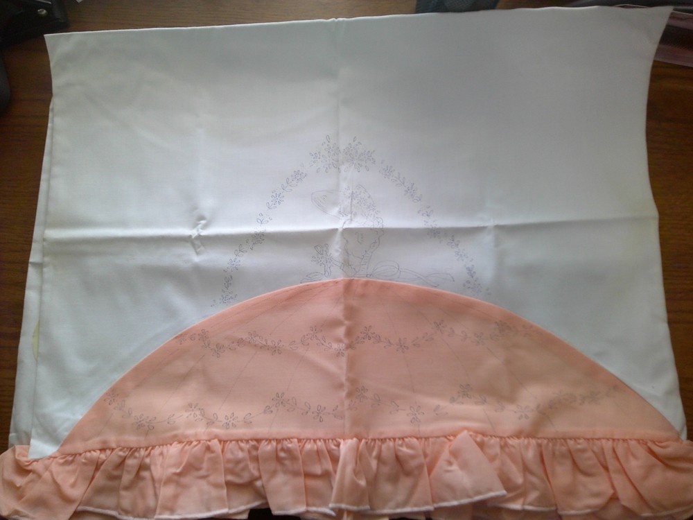 Vintage Stamped for Embroidery Ruffled Pillowcases Lady White / Peach – lot of 2