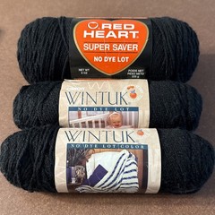 Lot Of 3 Skeins Red Heart Super Saver #312 Black Yarn 8 oz. & 3.5 Oz. Wintuk X2