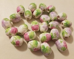 25 VTG Pink & White Painted Floral Flower 20mm Oval Ceramic Craft Jewelry Beads